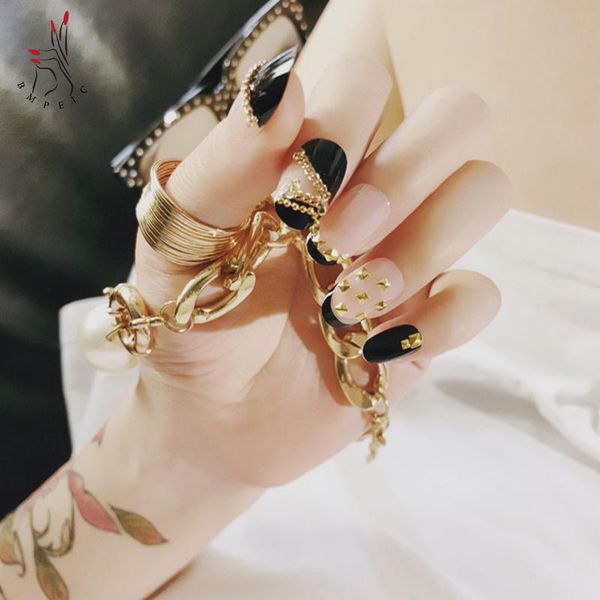 

false nails 3d golden chain fake art detachable short coffin ballerina full cover tip black artificial flame diy manicure beauty, Red;gold