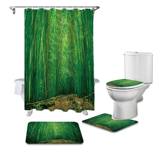 

green bamboo bathroom set durable fabric waterproof shower curtain rug carpet toilet lid cover bath mat curtains