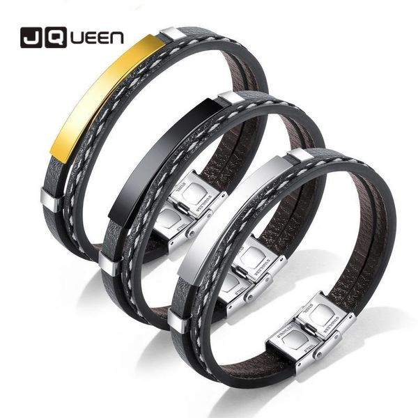 

charm bracelets jqueen mens punk style smooth leather stainless steel bracelet for women men multi layer male jewelry, Golden;silver