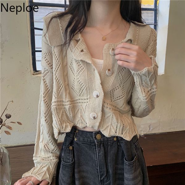 

neploe women sweaters turn-down collar hollow out knitwear spring korean fashion knit cropped cardigan thin coat female 210422, White
