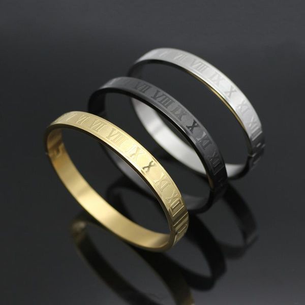 

bangle men and women gold color carving roman number stainless steel cuff bangles & wedding jewelry, Black