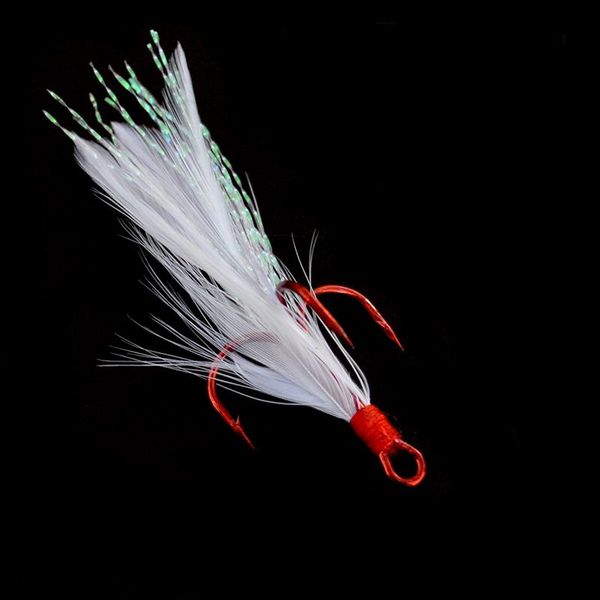 

fishing hooks feathered treble 10pcs/lot flasher tied red round bend barbed triple with feather size 2# 4# 6# 8# 10#