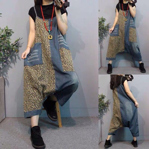 

Women's Jumpsuits & Rompers Leopard Denim Overalls Women Casual Loose Print Wide Leg Jeans, Black;white