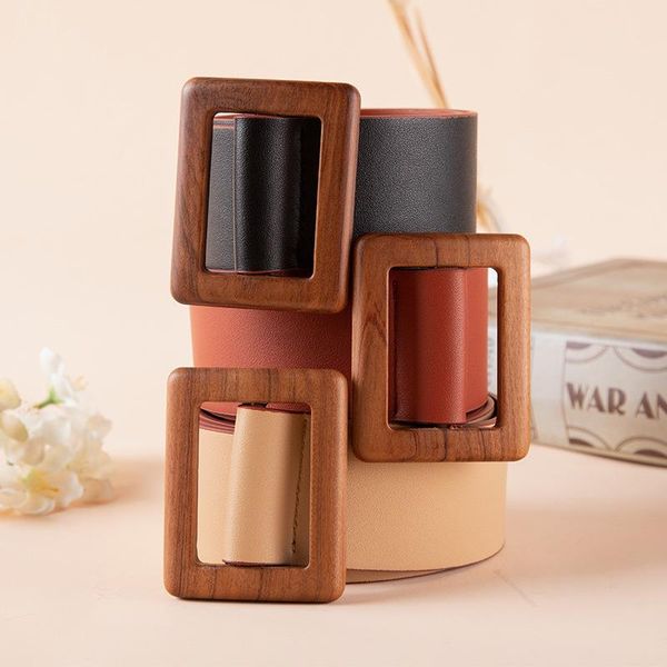 

belts pu trousers with retro wooden buckle wide belt women punching dress decoration small girdle, Black;brown