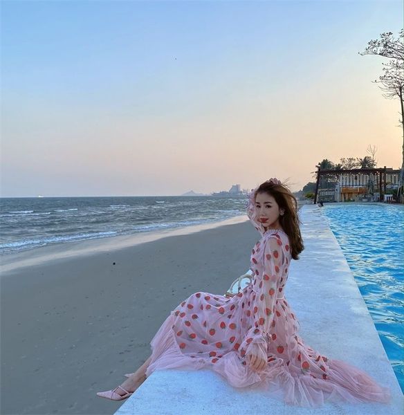 

summer runway drill strawberry women sweet long flare sleeve v-neck empire lace-up sheer mesh holiday pink, Black;gray