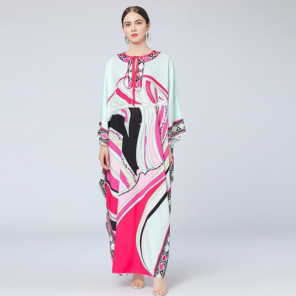 

[efatzp] 2021 autumn bohemian slim loose large size women's dress tassel round collar floor length bat sleeve print robe casual dresses, Black;gray