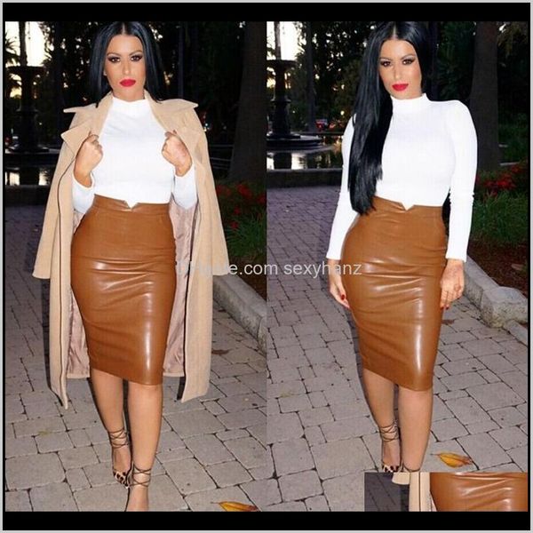 

womens clothing apparel drop delivery 2021 women pu leather long solid color high waist slim hip pencil skirts vintage bodycon skirt clu, Black