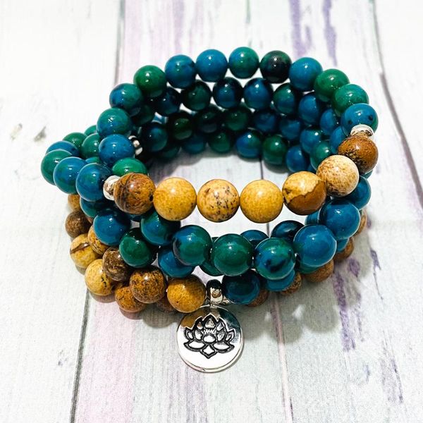link, chain sn1544 trendy chrysocolla pictur jaspers 108 mala bracelet handamde lotus charm yoga meditation balance yogi jewelry, Black