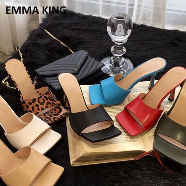 

slippers 2021 summer european and american style high-heeled sandals chic square-headed fashion leather 8 types, Black