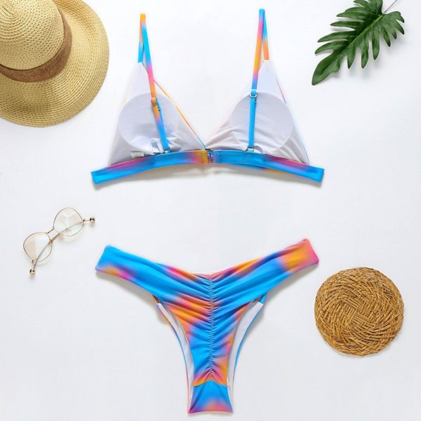 

new tie dye thong 2021 women swimsuit female swimwear two-pieces bikini set brazilian bather push up bathing suit swimb