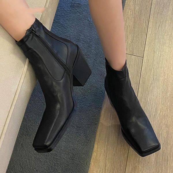 

boots western punk autumn winter strange high heel black leather square toe mature shoes women 2021 ankle cowboy for