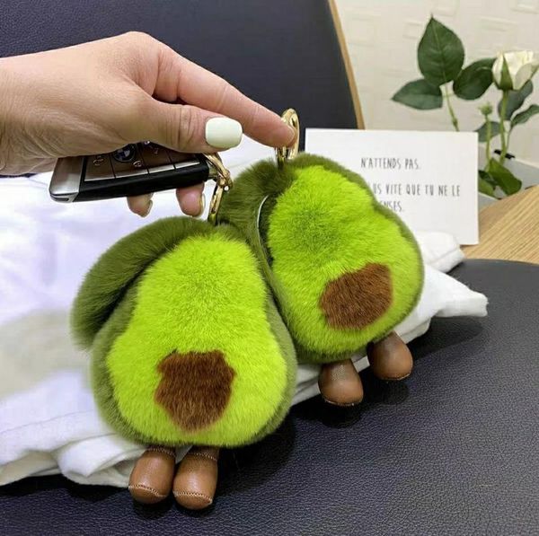 

keychains fluffy cute avocado ornaments rex fur keychain women bag pendant soft fruit doll toy car key metal ring girl gift, Silver