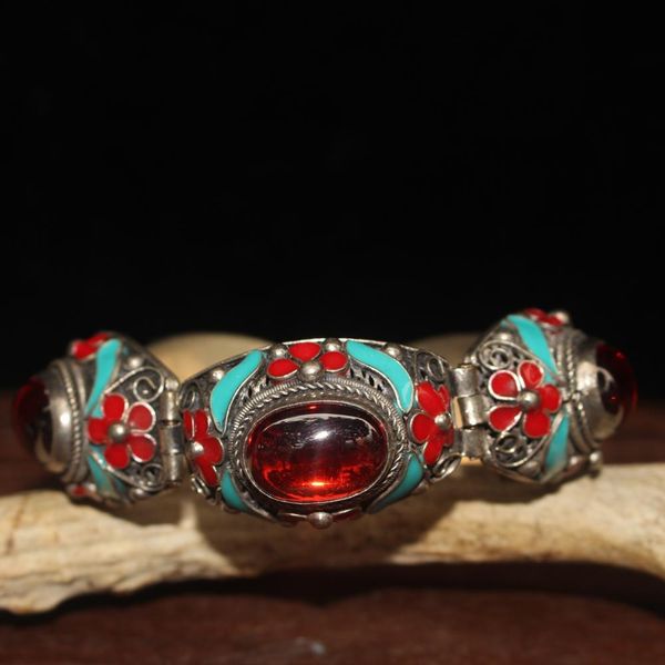 

china old tibetan silver cloisonne inlaid with zircon bracelet, Brown