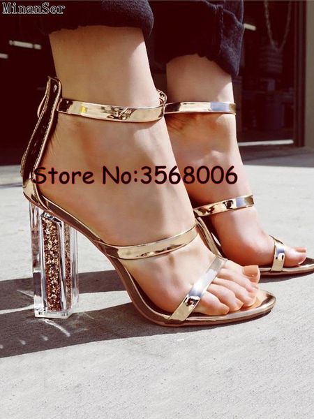 

dress shoes metallic sequins transparent chunky heeled sandals open toe multi-strap lady gladiator gold leather high heels, Black