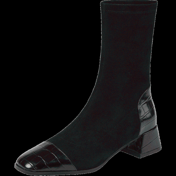

boots women's genuine leather stretch flock patchwork slip-on thicn heel autumn ankle sqaure toe med black slim shoes
