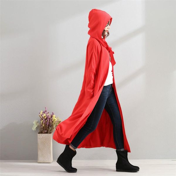 

women's trench coats 2021 autumn and winter cotton linen women dress loose cloak cap long windbreaker literature large d167, Tan;black