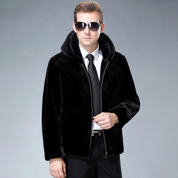 

men's leather & faux 2021 fur imported mink coat whole hooded winter, Black