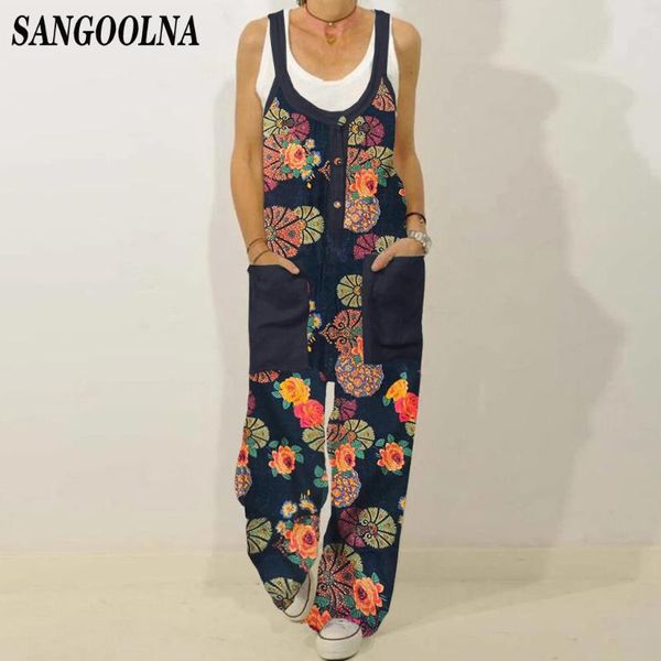

vintage flower print linen cotton jumpsuit women loose plus size sleeveless overall casual 2021 summer strappy long playsuit women's pa, Black;white