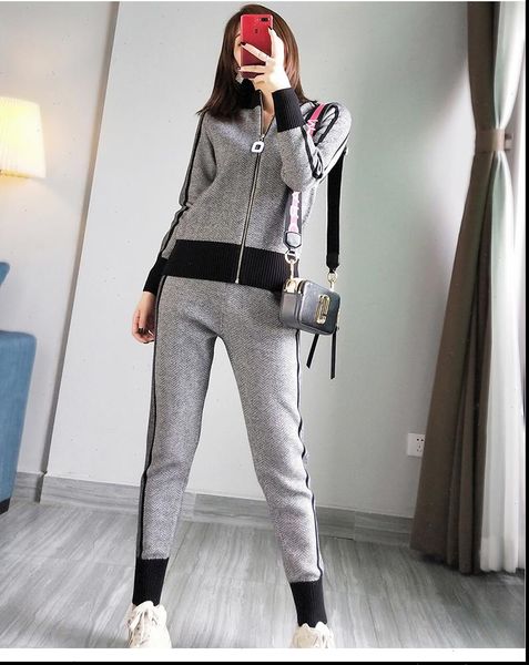 

winter tracksuit geometric womens tracksuits stripeturtleneck zipper knitted cardigans two piece pants sets, Gray