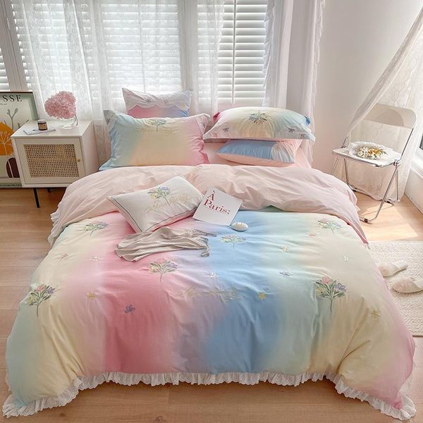 

bedding sets soft cozy washed cotton flowers embroidery princess set rainbow color ruffles duvet cover flat/fitted sheet pillowcases