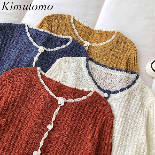 Kimutomo Sweet Chic Cardigan in pizzo abbinato a colori Primavera femminile Coreano O-Collo Top corto a maniche lunghe Moda elegante 210521