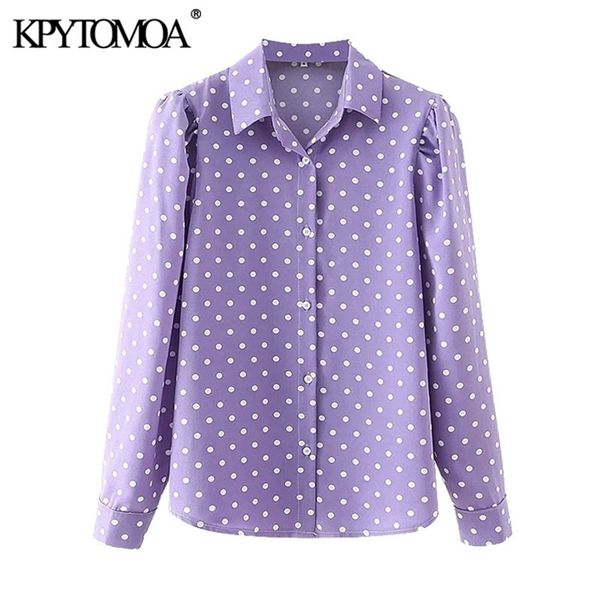 

women fashion polka dot print blouses vintage puff sleeve button-up female shirts blusas chic 210420, White