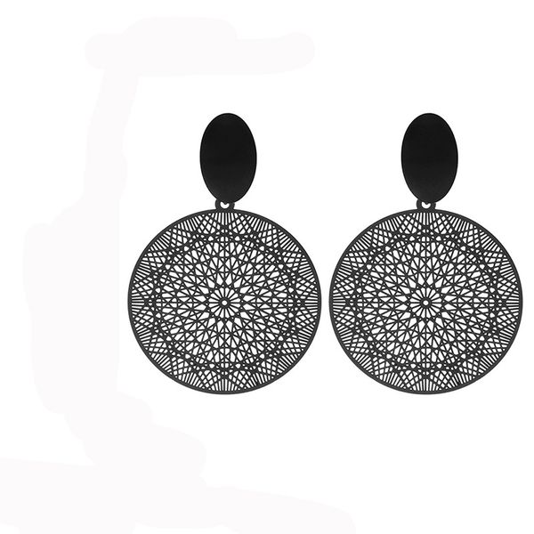 

black color round pattern ethnic drop dangle earrings for women geometric long hanging light weight earring summer style jewelry gifts, Silver