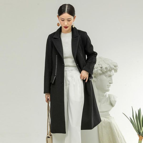 

women's wool & blends simple style loose double-sided cashmere coat 2021 autumn winter small suit tweed medium length, Black