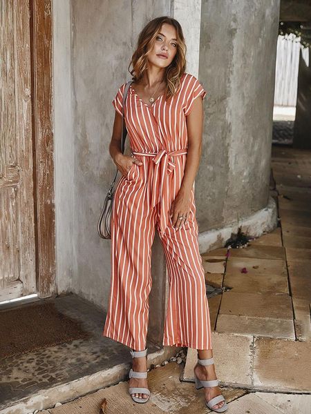 

women's jumpsuits & rompers summer womens jumpsuit casual striped wide leg one piece women clothing black pocket with belt 2021 fashion, Black;white