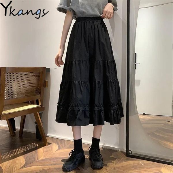 

skirts black goth lolita long pleated skirt women ruffles vintage high waist harajuku midi summer korean patchwork streetwear