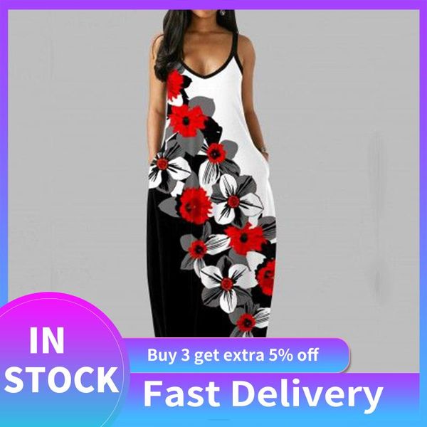 

casual dresses flower spaghetti strap patchwork summer vetement femme 2021 plus size v-neck sleeveless dress robe, Black;gray
