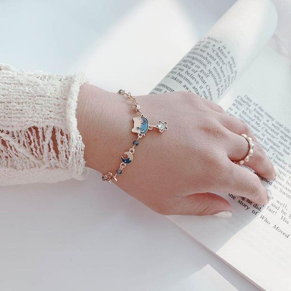 

charm bracelets japanese and korean playful girl fashion beautiful cat bracelet creative lady cute star moon color, Golden;silver