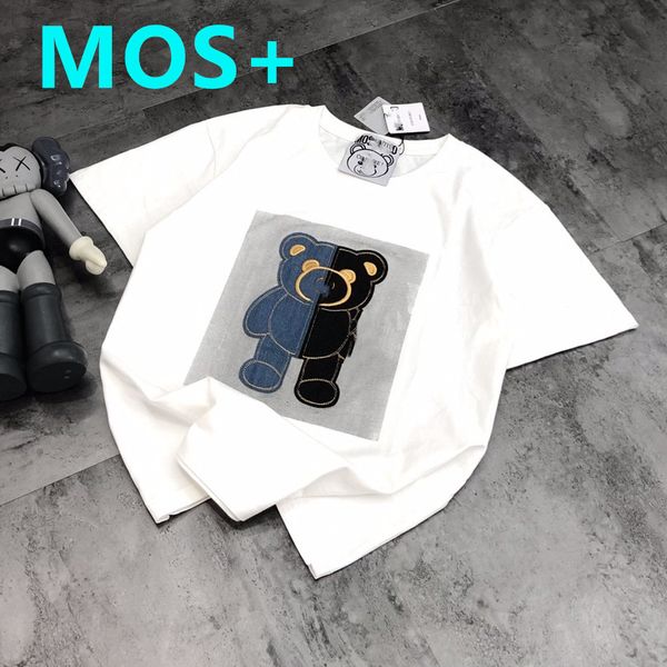 

brand fashion brand mos + 21 summer new two color embroidered patch denim bear short sleeve casual loose thin cotton t-shirt, White;black