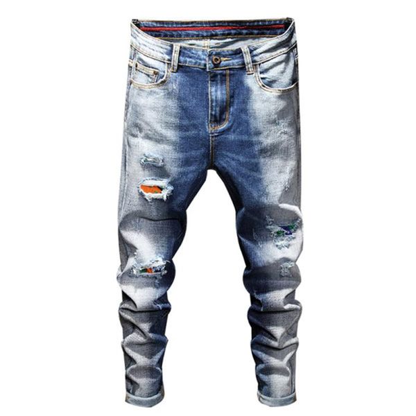 

men's jeans men ripped skinny pencil pants motorcycle trousers streetwear patchwork gradient color slim fit denim man clothing, Blue