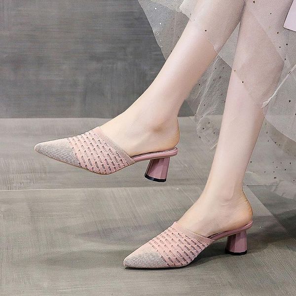 

slippers pointed toe shoes women summer pantofle heeled mules luxury slides loafers low cover 2021 high designer fabric rome pu, Black