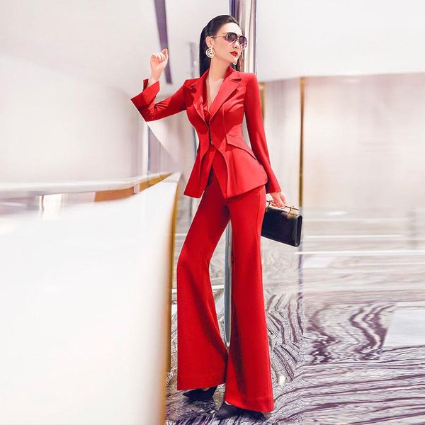 

women's two piece pants 2021 spring autumn women pieces sets long sleeve blazer coat +long flare trousers office lady 2 suits, White