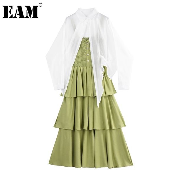 

[eam] women green pleated ruffles elegant dress spaghetti strap sleeveless loose fit fashion spring summer 1dd7884 210512, Black;gray