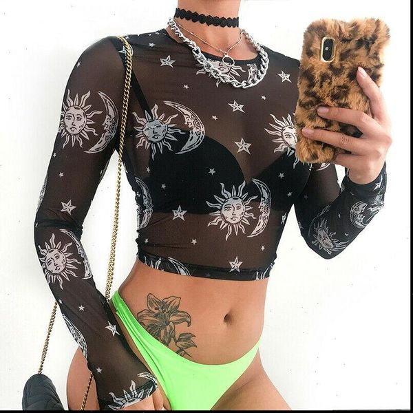 

women see womens shirt through shirts summer fashion ladies transparent printing blouse pullovers casual night clubwear, White