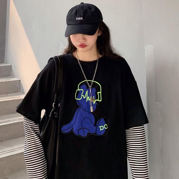 

women's t-shirt spring and summer fun bear print striped fake two-piece long-sleeved women loose korean thin section top, White