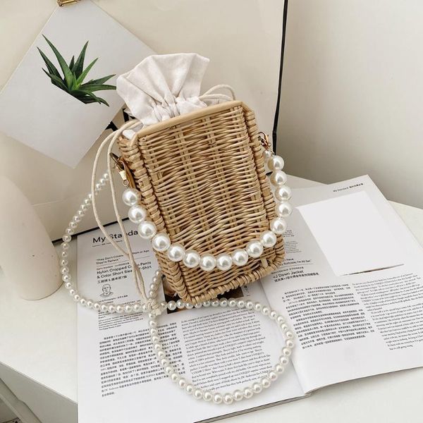 

evening bags female summer crossbody ladies handmade retro women woven pearl chain purse shoulder bag beach vacation cell phone