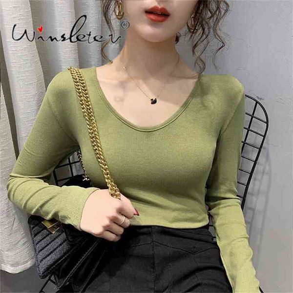 

solid t-shirt basic for women cotton stretchy v-neck long sleeve sprint autumn tees minimalist ropa mujer t01501b 210421, Black;gray