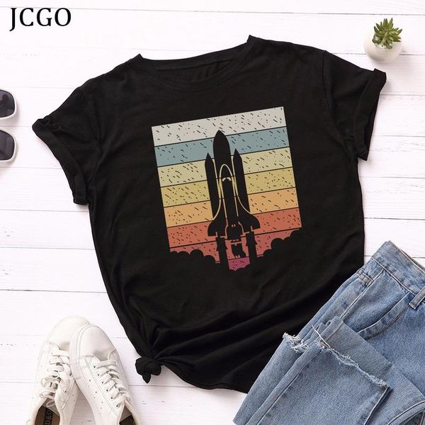 

women's t-shirt jcgo summer women t shirt 100% cotton rocket print plus size s-5xl o-neck short sleeve woman tshirts fashion casual tee, White