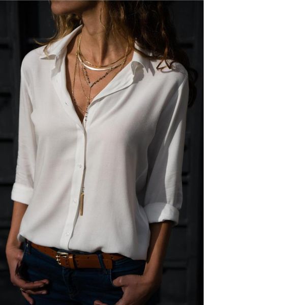

women shirts long sleeve deep v button chiffon ladies office turndown collar loose casual plus size camisa feminina ez, White