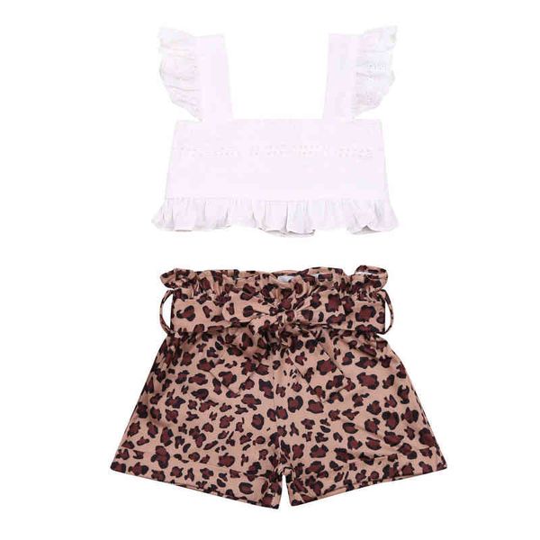 

newborn kids baby girl 2pcs sets summer clothes sleeveless ruffle t shirt and leopard shorts outfit set summer new g220217, White
