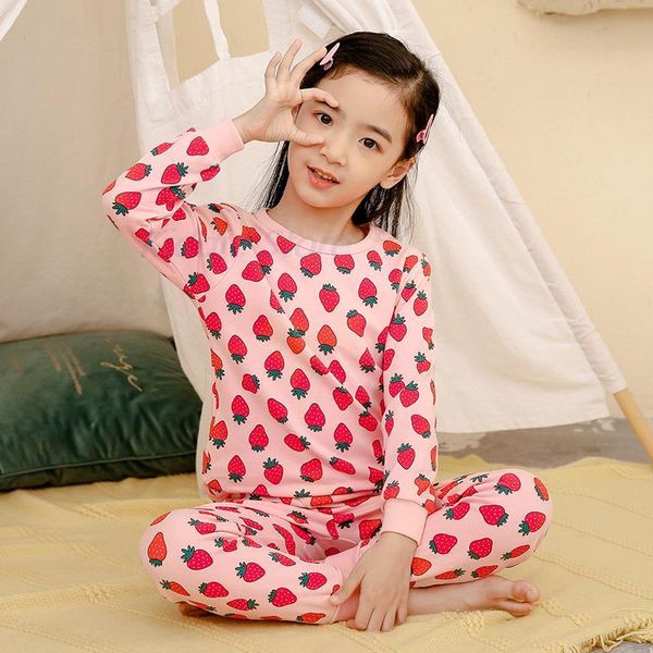 

clothing sets fashion strawberry pattern full sleeve suits for baby girls pink sleepwears children teens nighties, White