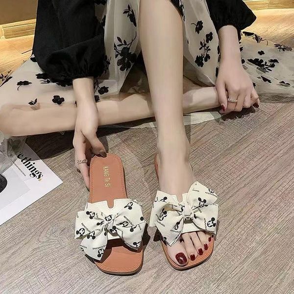 

slippers women's bowknot 2021 summer korean ins trend casual fashion outer wear flip flop sandals, Black