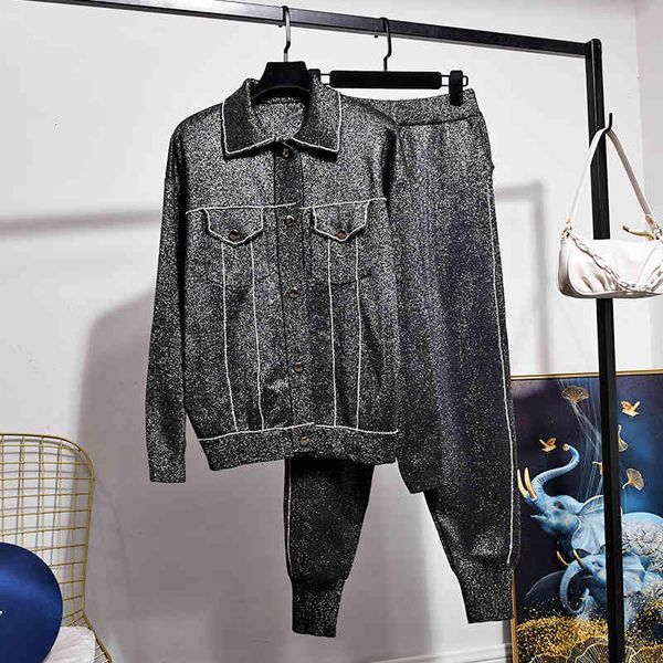 

women's tracksuits autumn fashion long sleeve bright silk knitted coat + little feet pants casual two piece set clothes g453 jce6, Gray