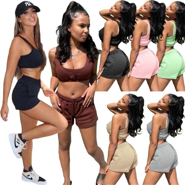 

women's tracksuits nshypoi summer fashion casual sleeveless vest elastic lace-up waist shorts sports and leisure two-piece women, Gray