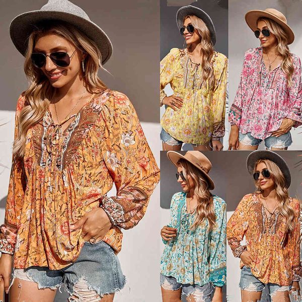 

casual dresses women floral print bohemian beach blouses shirts drawstring neck spring summer holiday style seaside long sleeve ladies yar2, Black;gray