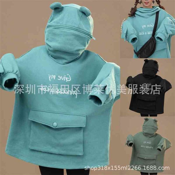 

medium length plush sweater women's creative splicing 3d cute design frog pullover pocket coat, Black